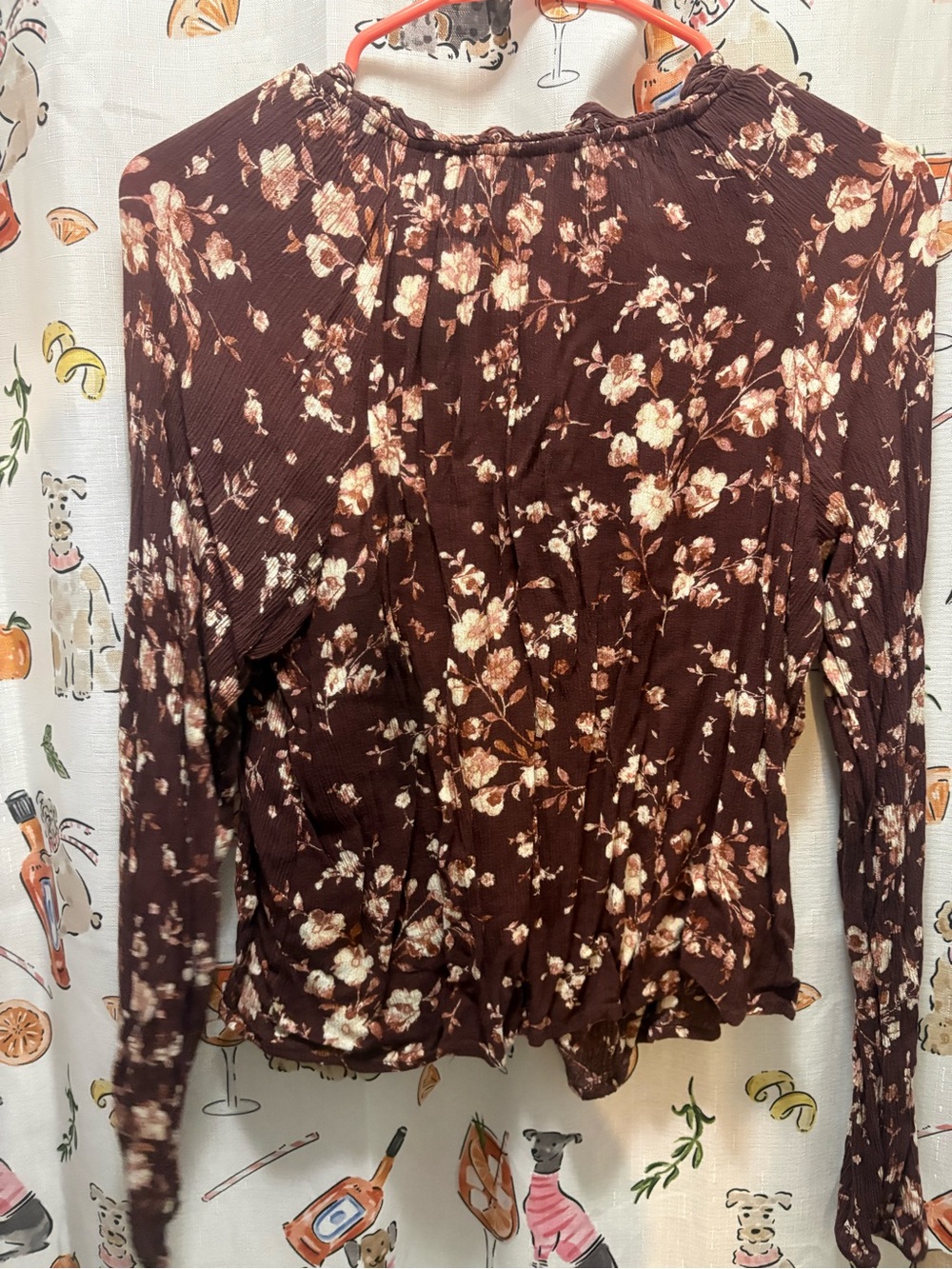 Floral Ruffle-Trim Long Sleeve Top - Brown - Picture 3 of 6